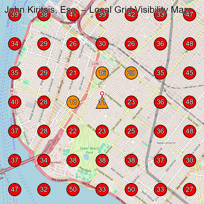 John Kiritsis, Esq. GeoGrid visibility map for Real Estate Attorney in Brooklyn